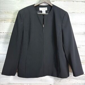 Jones New York Platinum Black Zip Front Collarless Jacket Blazer Women Size 14